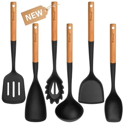 Image de Ensemble de 6 ustensiles de cuisine en silicone avec manches en bois – sans BPA