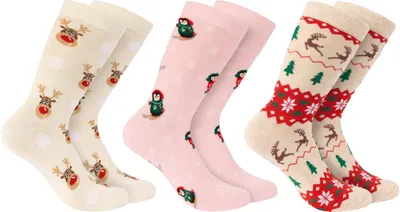 Image de BRUBAKER 3 Paires de Chaussettes de Noël - Motif de Noël amusant Chaussettes en coton - Rennes et Pingouins - Beige et Rose - Cadeau de Noël, EU 35-40