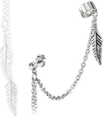 Produktbild von Ear Cuff Ohrstecker / Ohrklemme „Feder mit Kette“