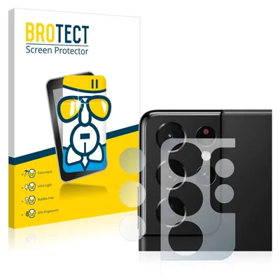 A product shot of a screen protector packaging and a smartphone camera lens protector.