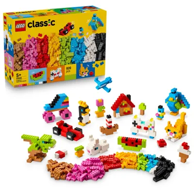 Produktbild von LEGO Classic Kreative Bunte Steine - Lernspielzeug zur Förderung der Feinmotorik - Tiere, Dinosaurierfiguren & Fahrzeuge inkl. Flugzeug & Auto - Geschenk für Jungen & Mädchen ab 5 Jahren - 11045