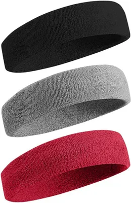 Produktbild von 3er-Pack Schweißbänder aus hochwertigem Baumwollfrottee (85 % Baumwolle, 10 % Elasthan, 5 % Nylon) mit optimaler Feuchtigkeitsableitung, schnellem Trocknungsverhalten und hautfreundlicher Baumwolle. Jedes Stirnband ist 20,3 cm lang (dehnbar bis 32 cm), 5,1 cm breit und 1,5 cm dick – Einheitsgröße für Damen und Herren. Ideal für Tennis, Basketball, Laufen, Yoga, Fitnessstudio und Outdoor-Aktivitäten. Rutschfest, weich, leicht und temperaturregulierend – wärmt im Winter, kühlt im Sommer. In den Farben Schwarz