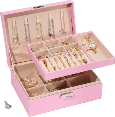 Produktbild von Premium-Schmuckkästchen für Damen - Abnehmbar - 2 Ebenen - Rosa - Wasserfestes Leder - Schmuck - Ringe - Ohrringe - Armbänder - Ketten - Aufbewahrungsbox