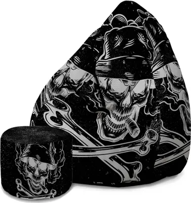 A bean bag chair and ottoman with a skull graphic.