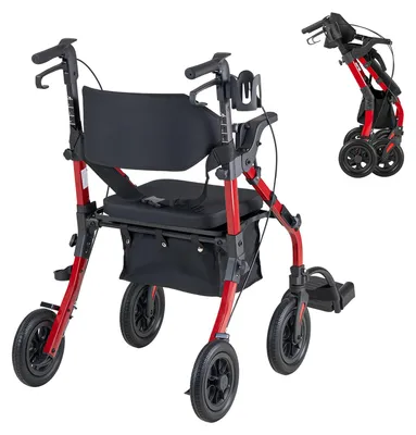 Produktbild von SucceBuy 2-in-1 Rollator faltbar mit Sitz, leichter Gehwagen mit Rädern, Gehhilfe bis 136 kg mit Rückenlehne, Tasche und Gehstockhalter, höhenverstellbare Laufhilfe mit Feststellfunktion für Senioren, Rot