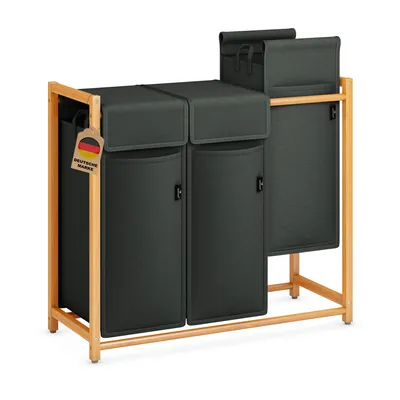 Produktbild von AdelDream Wäschekorb Kleidersortierer 3 Fächer Wäschewagen mit abnehmbaren Taschen Kleidersammler Bambus 150L Dunkelgrau