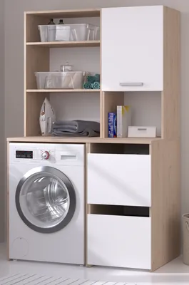 Produktbild von Waschmaschinenschrank "Laundry" weiß und Eiche Schrank-Set 2-teilig 110 cm