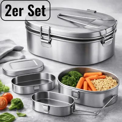 Produktbild von Camping Lunchbox 2er Set Brotdose Brotzeit-Dose Edelstahl Box Picknick Snackbox