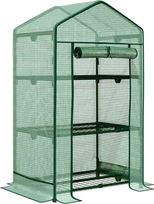 Produktbild von Mini-Gewächshaus Anzuchtgewächshaus Mit Folienabdeckung Und 3 Regalböden Regale Rolltür Gemüsebeet Grün 69 X 49 X 125 Cm