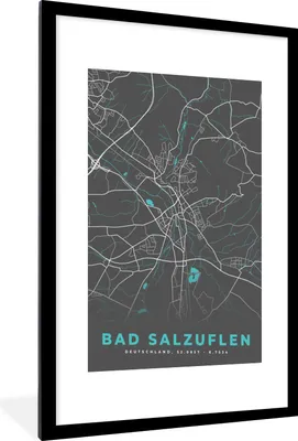 Produktbild von MuchoWow® Gerahmtes Poster Karte - Stadtplan - Bad Salzuflen - Deutschland - Blau 60x90 cm - Poster mit Schwarzem Bilderrahmen Wandposter Rahmen Foto Bilder - Dekoration - Wandposter Wohnzimmer - Hochwertig