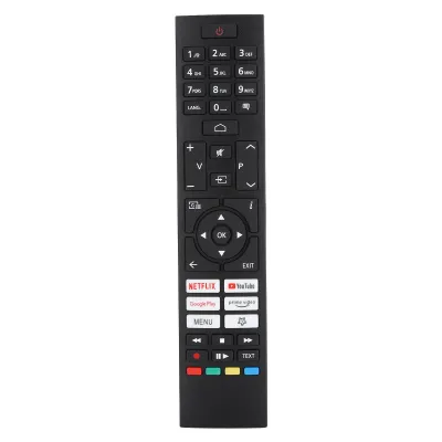 A black remote control is shown against a white background.