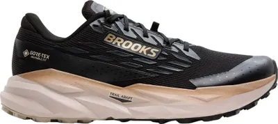 A side view of a black and tan Brooks Cascadia 19 GTX trail running shoe for men, isolated on a white background.