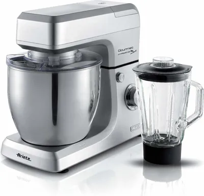 A silver stand mixer with a glass blender attachment is shown against a white background.
