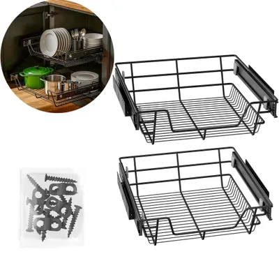 Image de TRMLBE - Lot de 2 tiroirs télescopiques pour cuisine, 60 cm, extension totale, métal robuste, avec grille d'égouttage, pour cuisine et salle de bains, noir