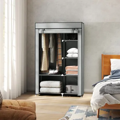 Produktbild von Stoffschrank mit 6 Regalen, Kleiderschrank Stoff, 1 Kleiderstange, faltbar, Hellgrau | 103x43x162,5 cm | Stahlrahmen | Staubschutz mit Reißverschluss