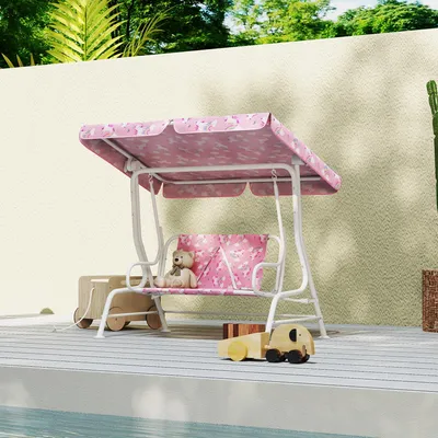 Produktbild von Kinder Hollywoodschaukel 2-Sitzer, Gartenschaukel Sicherheitsgurt Baldachin, Stahlrahmen Oxford-Gewebe, Rosa | 112x75x120 cm | bis 60 kg | 3-6 Jahre