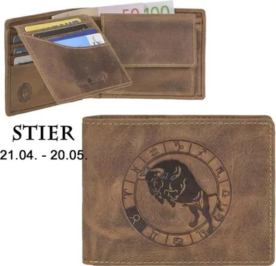 Produktbild von Greenburry Geldbörse Herren Leder braun antik Vintage mit Sternzeichen Motiv STIER Prägung Portemonnaie 12,5 x 9,5cm