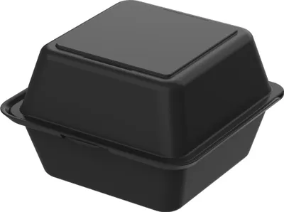 A black burger box is shown from a slightly elevated angle against a white background.