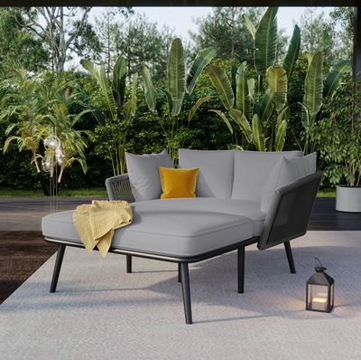 Merax Gartensofa mit Stahlrahmen und Kissen, Gartenliege für 2 Personen, Gartenmöbel Set Sonnenliege Gartenloungeset Balkonset, Grau