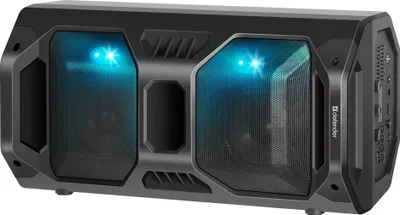 A black and gray portable Bluetooth speaker with blue LED lights.