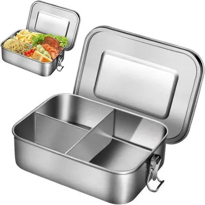 Obrázek produktu pro Lunchbox RVS se 3 přihrádkami – nerezová ocel – snadné čištění – těsnění – lze mýt v myčce – pro děti i dospělé – 1 litr