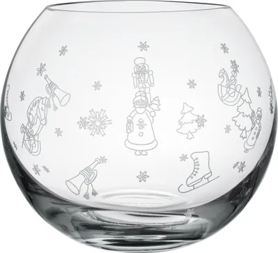 A clear glass bowl with etched Christmas-themed illustrations.