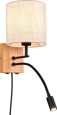 Produktbild von LED Wandleuchte mit Leselampe, Schalter, Kabel und Stecker, Stoffschirm & Holz