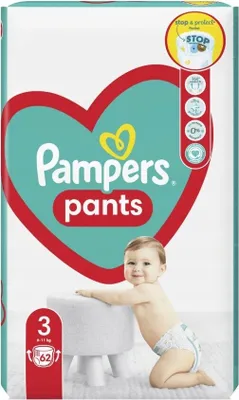 A package of Pampers Pants diapers with a baby on it.