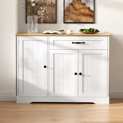 Image de Buffet moderne et élégant à 3 portes et un tiroir, meuble de rangement pour salle à manger, salon et entrée (blanc + naturel)
