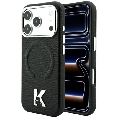 Produktbild von Karl Lagerfeld Cover iPhone 17 Pro / 18 Pro MagSafe Kunstleder schwarz Logo Metall silber