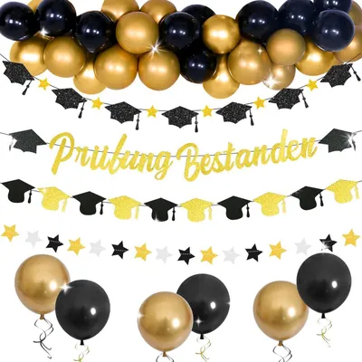 Productafbeelding van Decoratieset voor afstudeerfeest: glanzende zwarte guirlande en taartdecoraties
