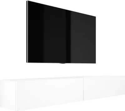 A white matte TV cabinet is shown mounted on a white wall, with a black flat-screen television mounted above it.
