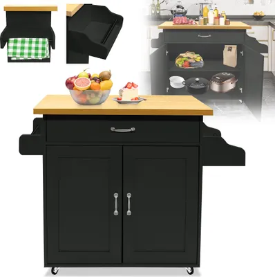 Image de UISEBRT Chariot de service Chariot de cuisine avec planche à épices & porte-serviettes & tiroir Chariot de cuisine sur roulettes Armoire de cuisine avec plan de travail en bois 115 x 36 x 90 cm Noir