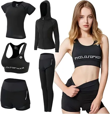 Obrázok produktu pre Tepláková súprava dámska L, čierna, 5-dielny tréningový outfit, pre fitness