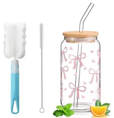 Productafbeelding van Drinkglas met Rietje en Deksel, 473 ml, Vlinderprint