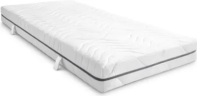 A white mattress with a gray stripe around the edge, shown from a diagonal angle on a white background.