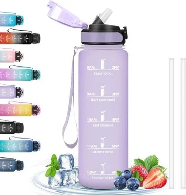 Produktbild von Famanu Trinkflasche 1L mit Strohhalm und Zeitplan - Ideal für Sport und Outdoor Aktivitäten
