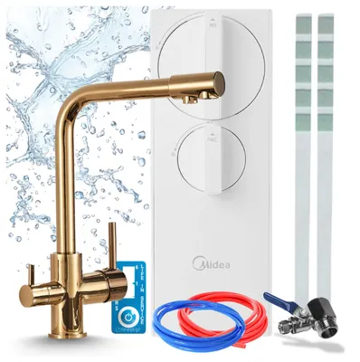 Produktbild von Küchenarmatur Mit Wasserfiltersystem Ari Venom 1, Umkehrosmose Ro5, Tanklos, 400 Gpd, Zweigriffarmatur, Messing, Gold, Perlator, Keramikkartusche