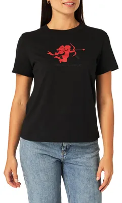 Productafbeelding van Armani Exchange dames T-shirt, rood, met glitterprint en een subtiel logo in dezelfde kleur