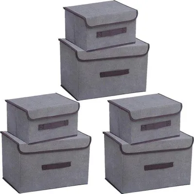 Immagine prodotto di Contenitori pieghevoli in tessuto per vestiti con coperchio e manici - 36 cm/3 pezzi + 26 cm/3 pezzi grigio - Set da 3 pezzi