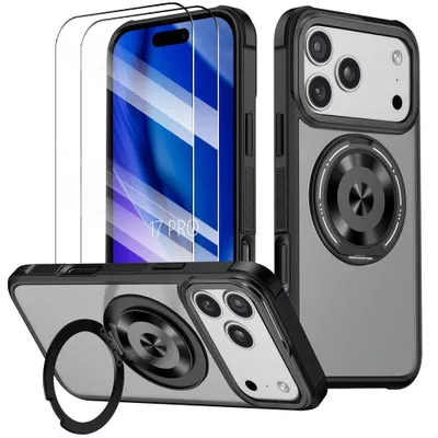 Image de Coque + 2 Verres Trempés pour iPhone 17 Pro, Protection Hybride avec Anneau Rotatif Magnétique - Noir