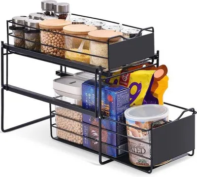 Imagen del producto de Uniqoos® – Organizador de armarios de 2 niveles, estante metálico extraíble para debajo del fregadero de la cocina, 21 x 34,5 x 30 cm, 2 cestos deslizantes, color