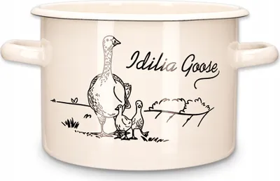 A cream-colored enamel cooking pot with handles, featuring a black line drawing of a goose and two goslings, along with the text "Idilia Goose".