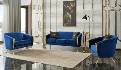 Image de Fauteuil de luxe rembourré 3+2+1 siège Bleu Pieds dorés Coussin d'assise Nouveau