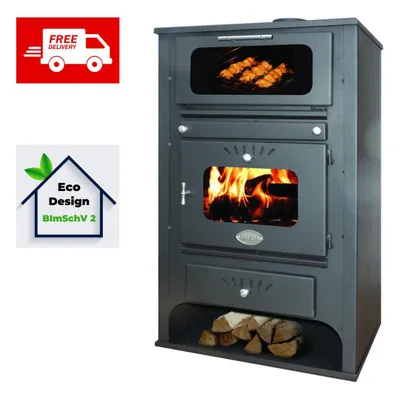 A dark gray wood-burning stove with a glass door showing flames, a glass-covered oven compartment above with food cooking, and a storage area at the bottom with firewood. There are also two promotional graphics on the left side: one with a red background a