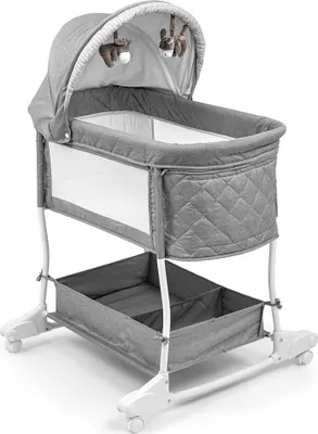 A baby bassinet with a canopy and a storage basket underneath, shown against a white background.