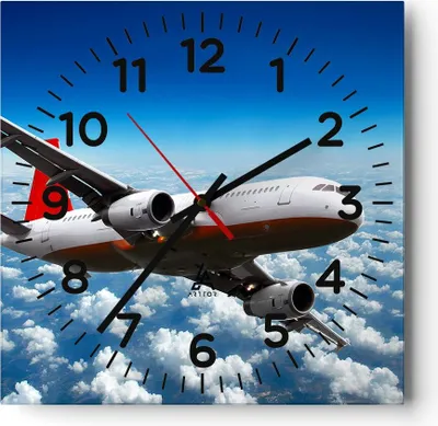 Produktbild von Wanduhr - Quadrat - Glasuhr - Passagier Flugzeug Motoren Wolken - 30x30cm - Schleichendes Uhrwerk - Lautlos - zum Aufhängen bereit - Dekoration Modern - Wanddekoration aus Glas - C4AC30x30-0375