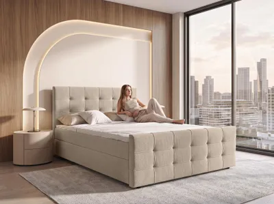 Produktbild von AX LIVING Boxspringbett 180x200 cm Defne Creme - Komplett-Set inkl. Topper & Fußteil, H2/H3