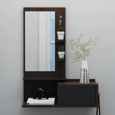 Immagine prodotto di Set da ingresso HOMIDEA ENKI con specchio – Armadietto da ingresso sospeso con cassetto e ripiano, ideale per corridoi e ingressi (noce/nero)
