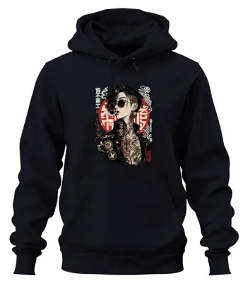 Produktbild von Rise Rebel Anti System Japan Cyberpunk Yakuza Y2K Tattoo Hoodie Kapuzenpullover, Navy, M